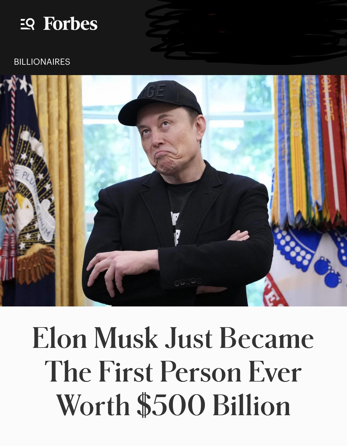 BREAKING  Elon Musk officially becomes the first person in history to reach a net worth of $500 billion.