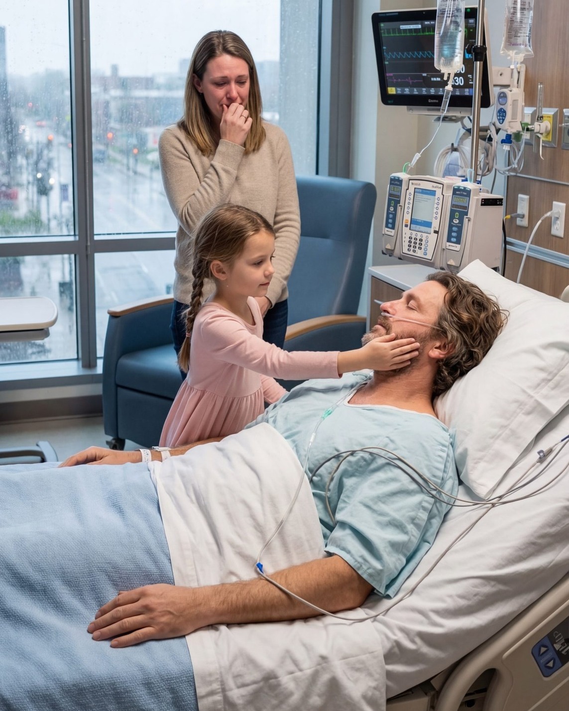 A Loyal Wife Sat Beside Her Millionaire Husband in a Coma for Three Long Years While His Cousin Quietly Took Control of the Family Company — Until a Rain-Soaked Orphan Girl Walked Into the Hospital Room Holding a Medallion From the Crash and Whispered a Name That Made the Monitors Suddenly Beep